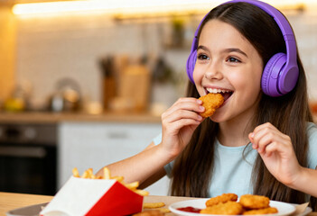 Excited neurodivergent autistic girl with noise canceling headphones eating chicken nuggets enthusiastically in bright kitchen food selectivity sensitivity sensory processing disorder