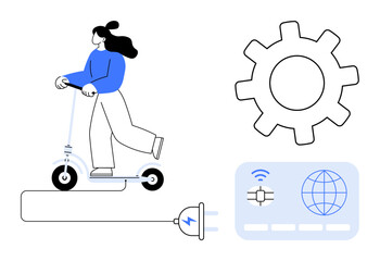 Female riding electric scooter connected to plug. Gear and digital panel elements highlight eco transport, connectivity, energy efficiency. Ideal for mobility, innovation, sustainability, clean