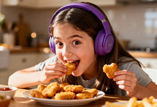 Excited neurodivergent autistic girl with noise canceling headphones eating chicken nuggets enthusiastically in bright kitchen food selectivity sensitivity sensory processing disorder