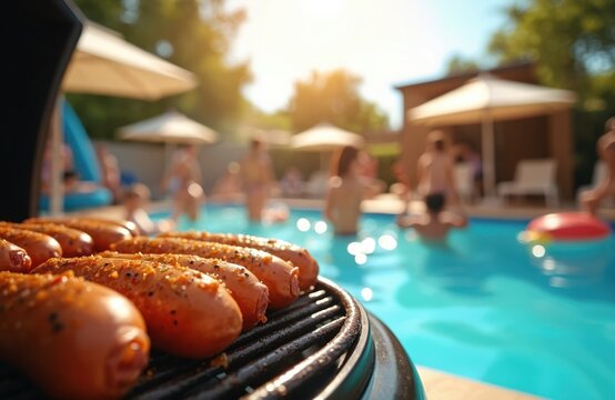 Sausages cook on a grill at a sunny pool party. People swim and relax in blue water. Friends enjoy food, drinks and summer fun outdoors. Backyard cookout creates happy summer vibes. - Powered by Adobe