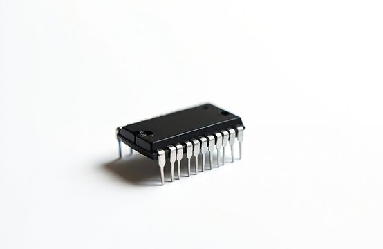 Single integrated circuit chip with multiple pins shown against a clean white background. This electronic component represents core technology for computer systems and digital devices.