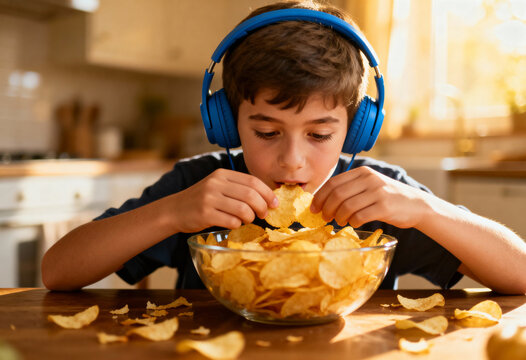 Neurodivergent autistic boy with noise canceling headphones intensely focused while eating crunchy potato chips and cheese snacks from bowl with crumbs scattered on table