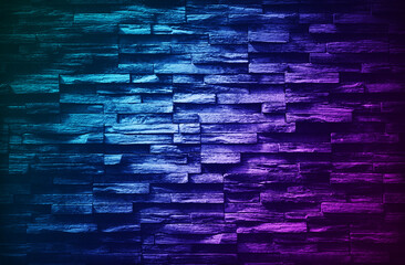 Black dark purple blue stone brick wall background. Bright light neon lighting. Color gradient. Green turquoise teal violet fuchsia magenta pink lilac белый. Night club disco bar party concept. Empty.