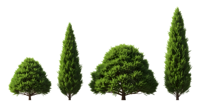 isolated row of four evergreen trees ,  Four pine trees in different sizes, isolated on a transparent background PNG 