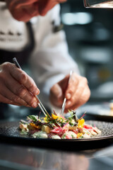Chef preparing a gourmet dish in a modern kitchen