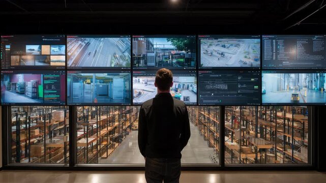 管理者がチェックする全天候型物流センターの内観