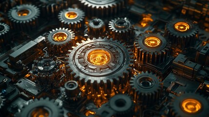 High Angle View of Complex Gear Network Representing Industrial Technology Teamwork and Collaboration Process