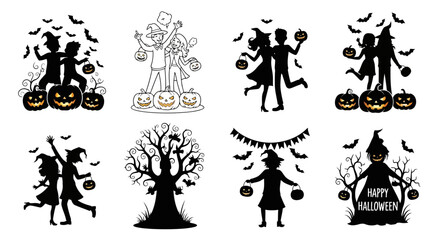 Fototapeta premium Halloween Silhouette Vector Set People Pumpkin Bats Party Dark Night Horror Scary Autumn Fall Festival Decoration Vector Illustration