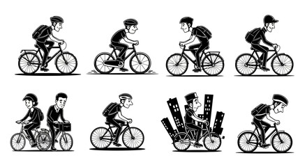 Naklejka premium Bicycle Commuters Set Illustrations Monochrome Style Riders with Backpacks Helmet City Transportation Urban Life Bike Lifestyle Eco Friendly Workout Journey Health Concept