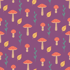 Fly agaric seamless pattern. Vector Illustration for printing, backgrounds, covers and packaging. Image can be used for greeting cards, posters, stickers and textile. Isolated on dark background.
