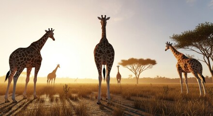 Silhouette of giraffes in a savanna landscape at dawn or dusk, warm tones