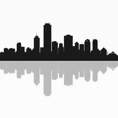 Black silhouette of city skyline with mirrored reflection. Tall skyscrapers and urban buildings form a cityscape on white background. Modern metropolis architecture.