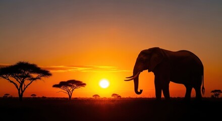 Silhouetted elephant and acacia trees against a vibrant African sunset