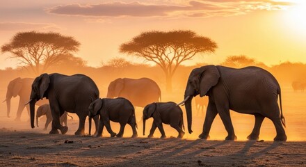 Silhouette of an elephant herd walking across African savanna during a golden sunrise