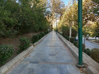 A very long walking path on autumn day that no one is there