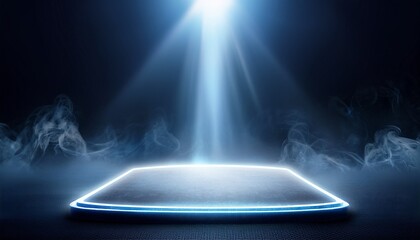 Glowing Beam On Dark Podium With Fog Technology Display Dark Podium