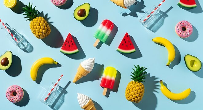 Bright and colorful summer food flat lay arrangement on light blue background a vibrant scene
