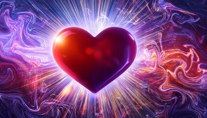 Red And Purple Heart With Glowing Rays On Marbled Background