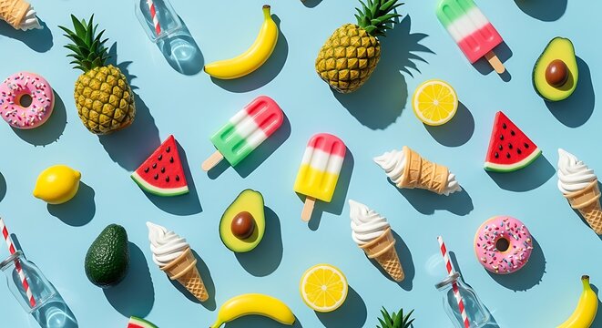 Colorful Summer Treats Flat Lay Pattern on Light Blue Background Delicious Vacation Concept - Powered by Adobe