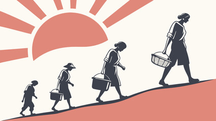 Graphic illustration of women carrying baskets uphill towards a rising sun, symbolizing labor, resilience, and progress.