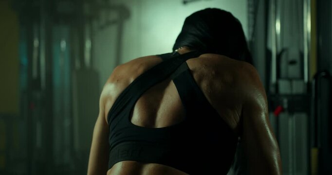 In a gym environment a female athlete engages in a cable rope row to strengthen her back and core muscles. She focuses intently on her technique during the workout.
