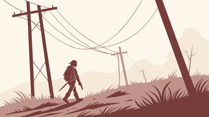 Fototapeta premium Lone wanderer with a sword walks uphill past leaning power lines in a desolate, post-apocalyptic landscape illustration.
