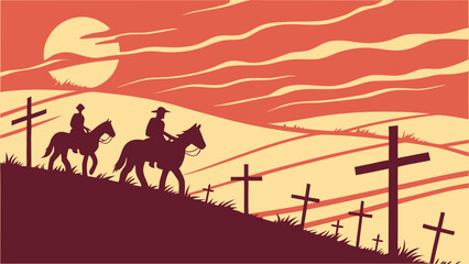 Silhouetted cowboys riding horses past graveyard crosses at sunset.