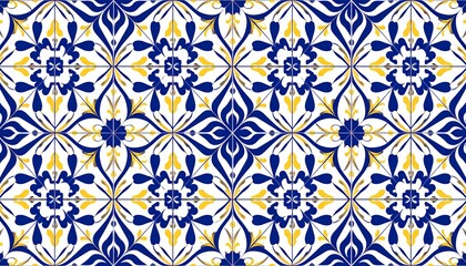 Stunning azure and gold floral pattern background brings Mediterranean elegance to your designs, ideal for textiles, branding, or sophisticated wallpapers