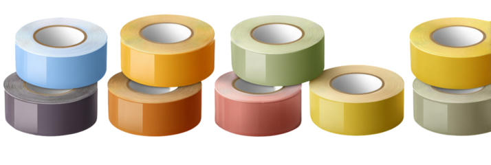A vibrant arrangement of colorful adhesive tape rolls displayed in a neat line, showcasing various hues against a clean background, ideal for craft projects and organizational tasks