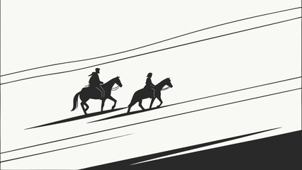 Dynamic Silhouettes of Two Horseback Riders on an Abstract Black and White Background