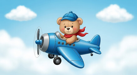 Teddy bear pilot flying blue airplane in sky