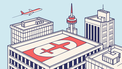 Isometric city illustration: Airplane flies over urban skyline with rooftop travel symbol