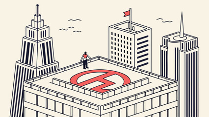 Isometric Illustration of Person Standing on Rooftop Helipad in a Modern City Skyline