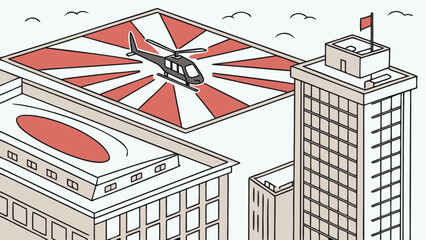 Isometric Cityscape: Helicopter Landing on Rooftop Helipad. Modern urban buildings with aerial transport.