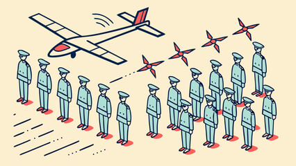 Drone surveillance over uniformed personnel, data monitoring and control concept illustration