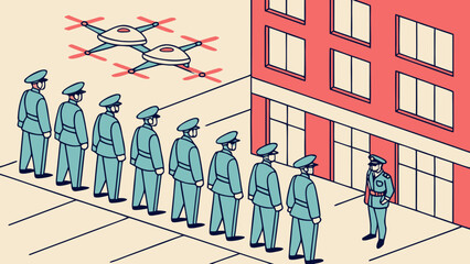 Security personnel lined up with surveillance drones flying above, illustrating law enforcement and modern monitoring technology.