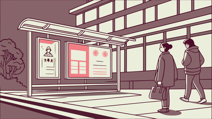People waiting at a modern city bus stop with advertising displays, urban public transport scene, flat vector illustration
