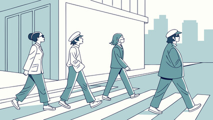 Four stylized people walking in a line across a zebra crossing on a city street. Minimalist urban illustration.