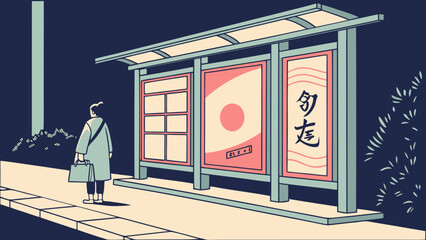 Urban Night Scene: Solitary Figure Waiting at Bus Stop with Advertisements. Flat Design Illustration.