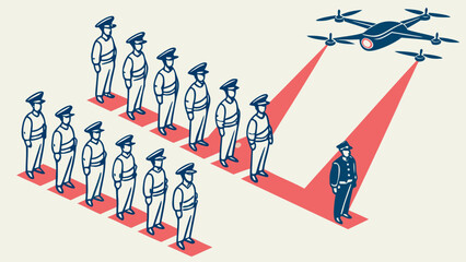AI drone identifies specific uniformed individual in a lineup, symbolizing selection, surveillance, or automated targeting.