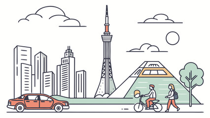 Modern City Life Line Art: Urban Landscape with Skyscrapers, Landmarks, Car, Scooter, Pedestrians, and Masked People