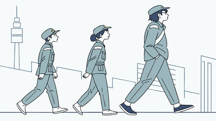 Minimalist illustration of individuals in uniform, depicting career growth and progression
