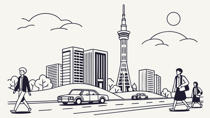 Urban Line Art Cityscape with Tall Tower, Modern Buildings, Pedestrians, and Cars on a Street
