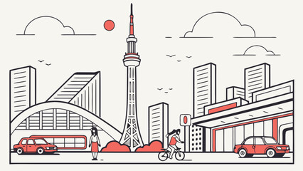 Modern City Skyline Line Art Illustration with Iconic Tower, Urban Buildings, Cars, and People