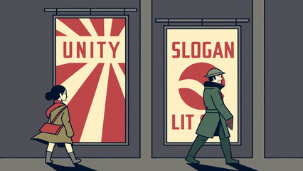 Urban Walkers Pass Retro Propaganda Posters: 'Unity' and Slogan Messages in Stylized Street Scene Illustration