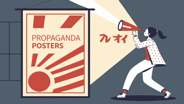 Propaganda poster concept with woman using megaphone for public communication and influence