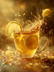 Refreshing Lemon Tea Splash in a Glass with Golden Light