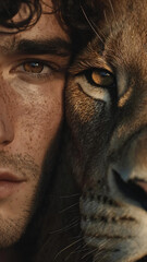 Striking Portrait Merging Human and Lioness Faces, Close-Up