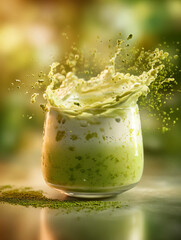 Vibrant Matcha Latte Splash in a Glass with Green Powder
