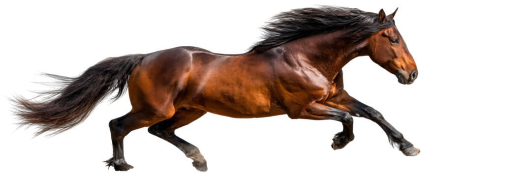 A majestic brown horse galloping swiftly across an open field, showcasing its strength and grace, with a blurred background of green grass and distant trees under a clear blue sky